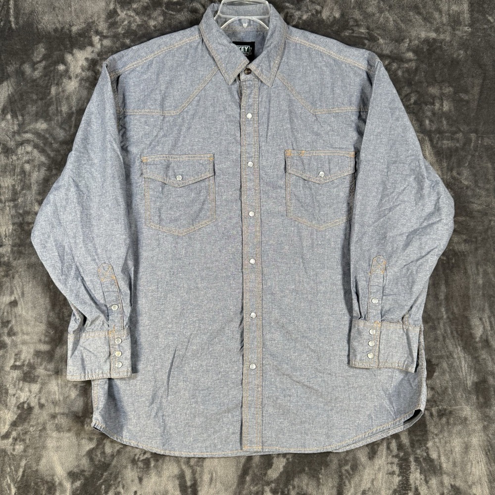 Key Imperial Sz XLR 50" Blue Chambray Western Style Work Shirt Pearl Snaps